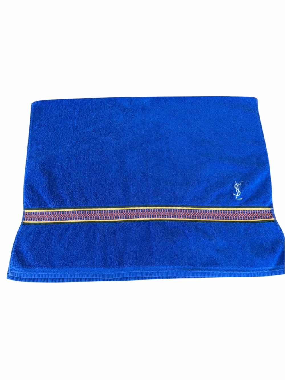 VTG Yves Saint Laurent YSL Bath Towel Bright Blue Embroidered Edge 25x41 France